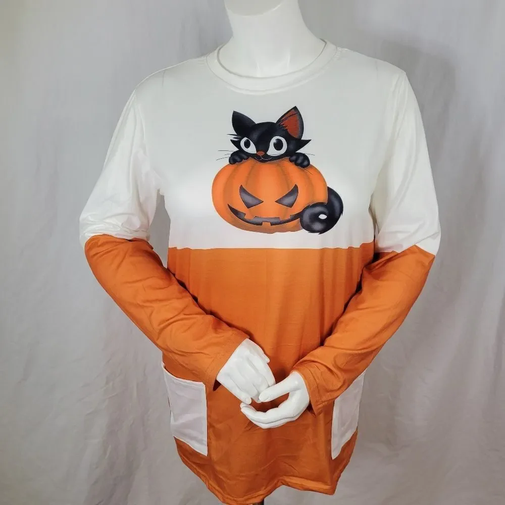 Orange and Creme Black Cat and Pumpkin Halloween Color Block Shirt‎ Size 2XL